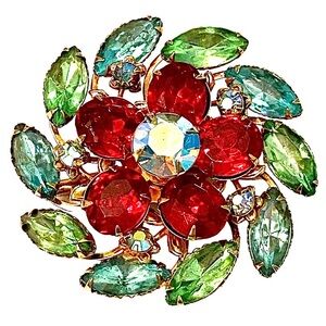 Vintage 1950s Colorful Floral Rhinestone Brooch